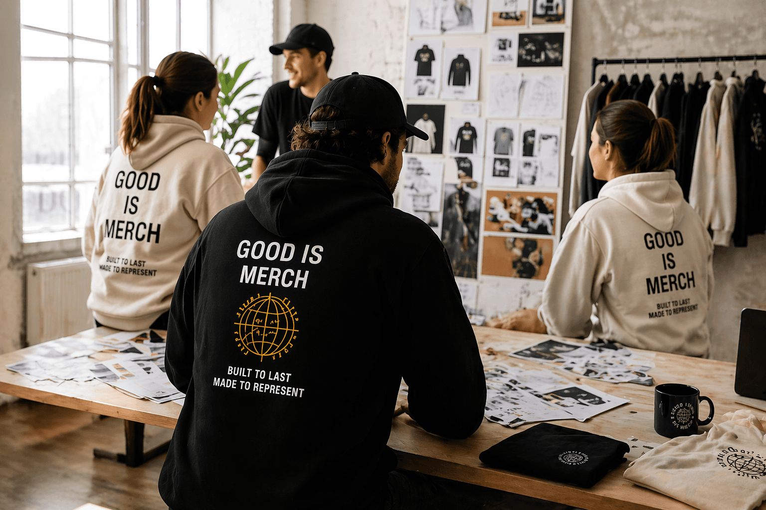Équipe Good is Merch en studio autour des collections textile