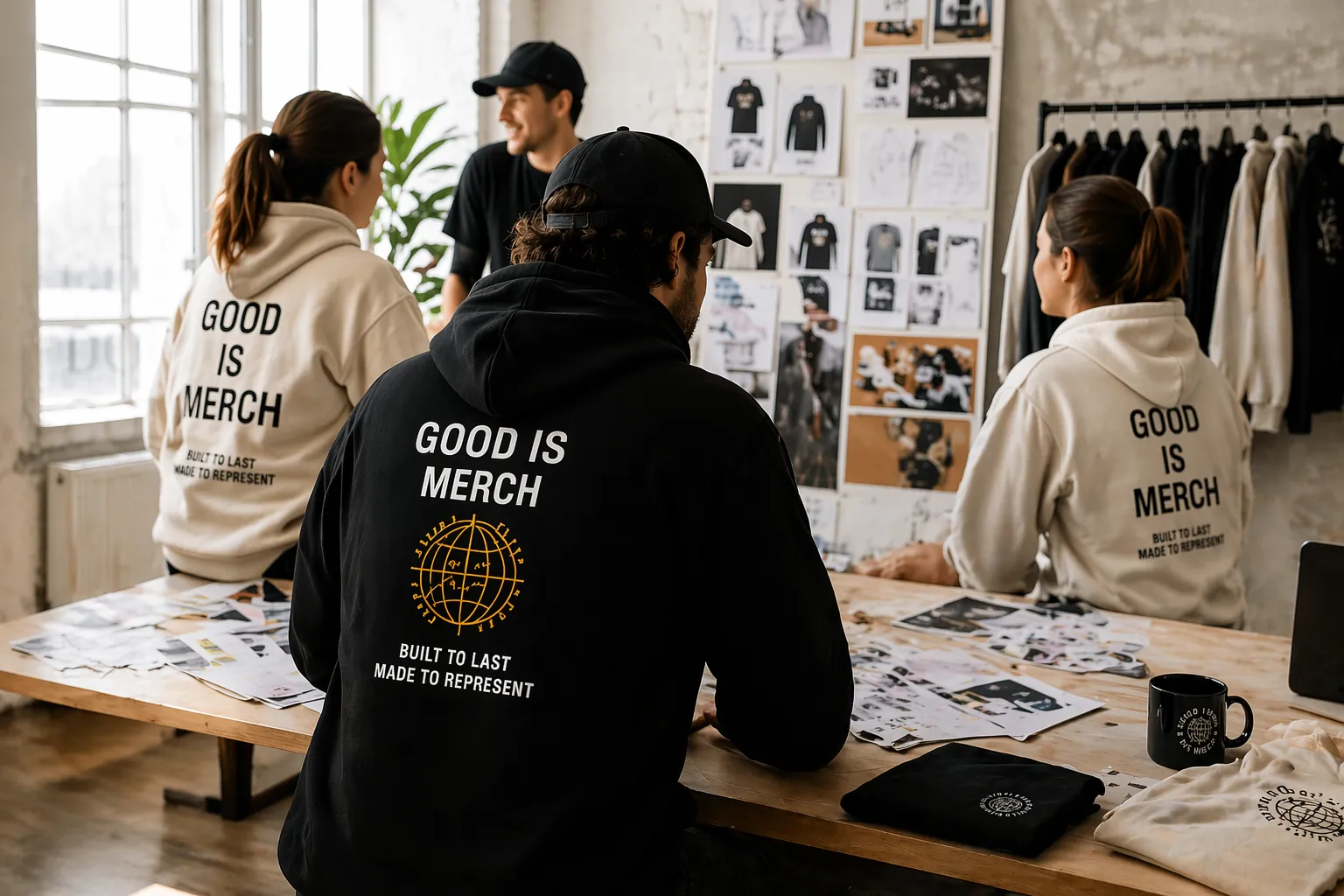 Équipe Good is Merch autour des collections textile