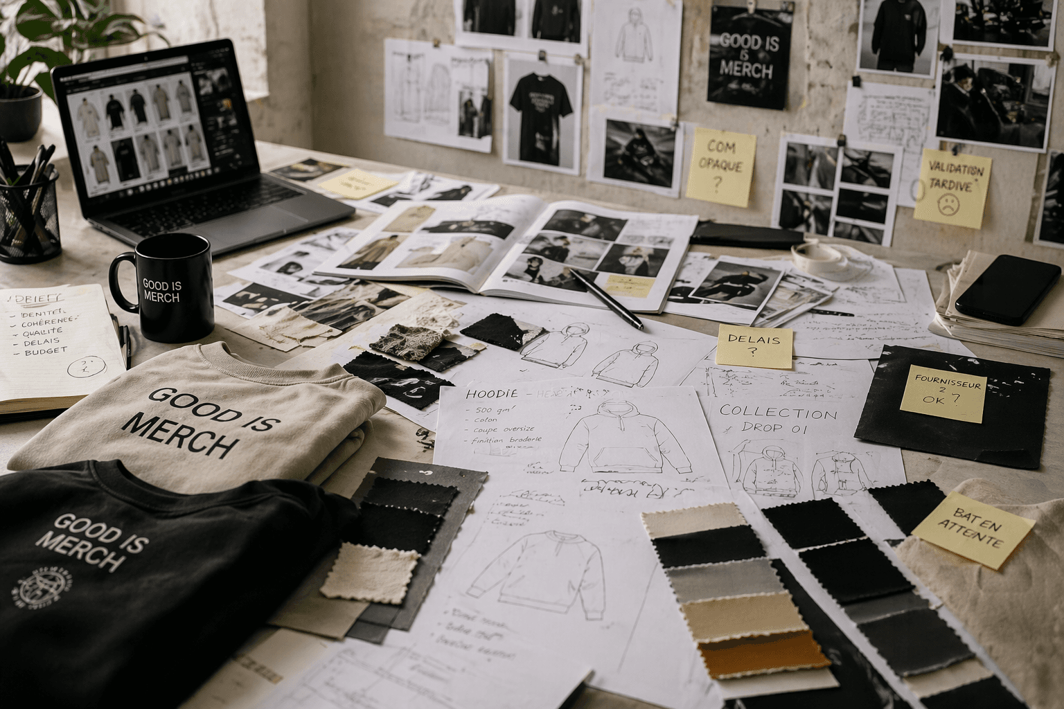 Bureau de direction artistique avec moodboard Good is Merch