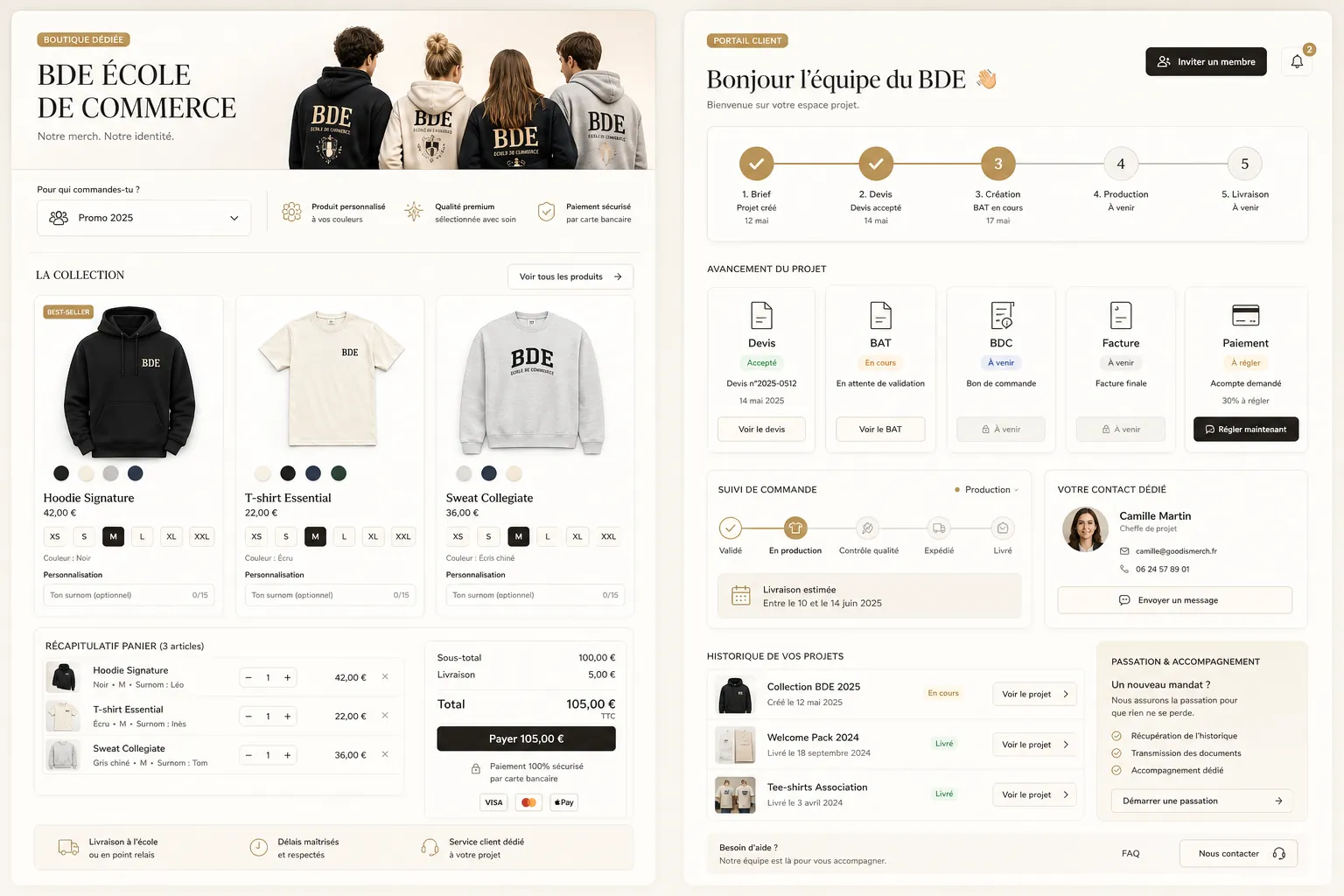 Aperçu d'une boutique dédiée et d'un espace client Good is Merch